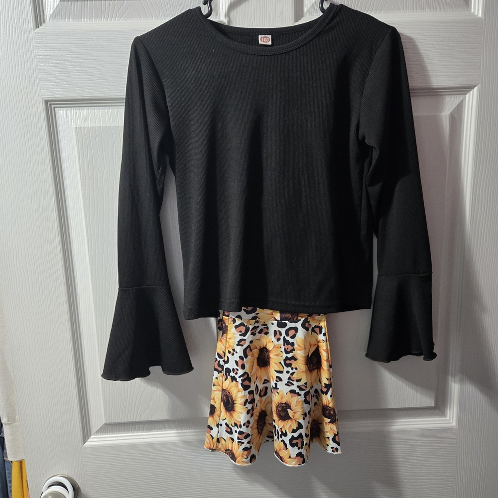 Black Long Sleeve Kids Top with Floral Skirt